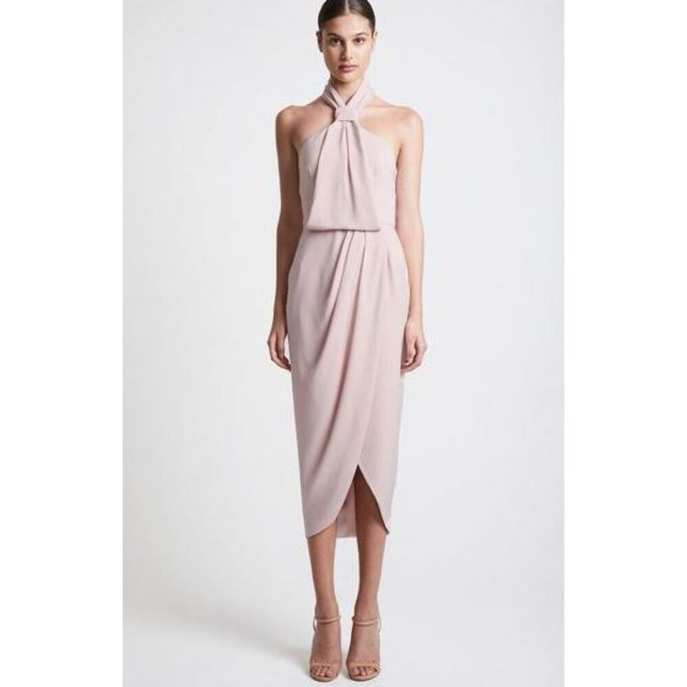 Shona Joy Halter Midi Dress Sz 4 Blush Ballet Cocktail Feminine Tulip Hem 5J2581